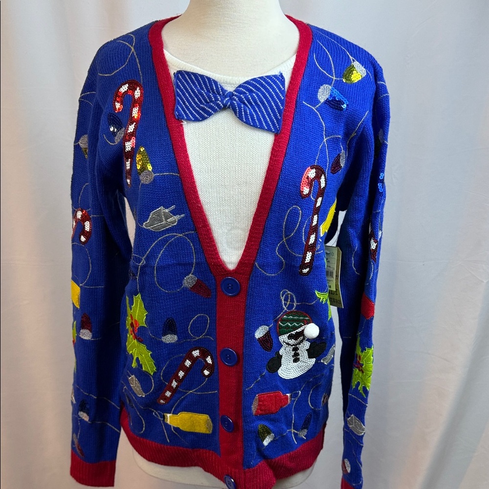Jolly Sweaters Holiday Festive Blue Faux Cardigan with Bow tie, Medium